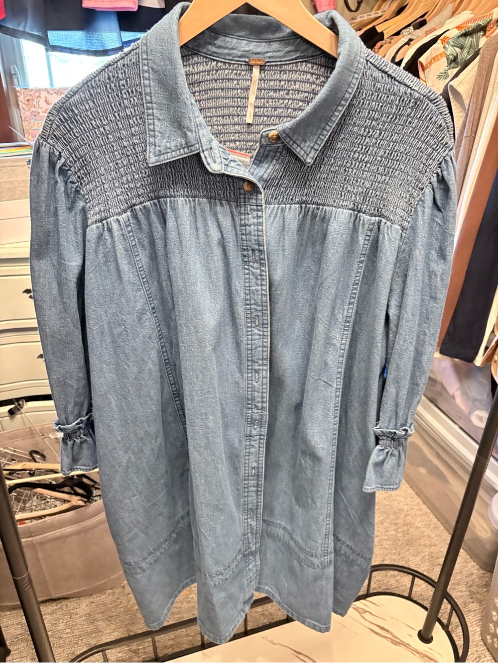 Free People Blue Chambray Smocked Yoke Button-Down Mini Dress